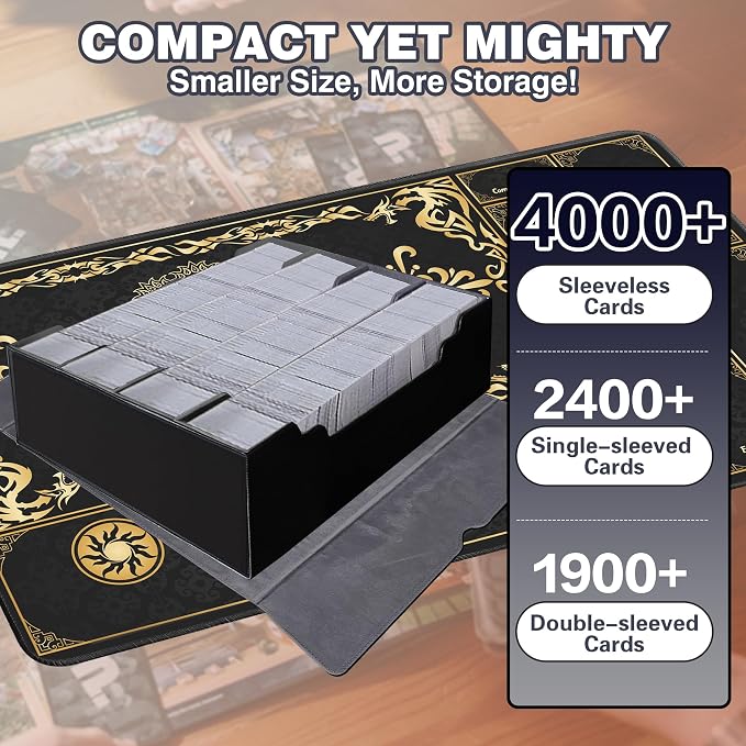 PROMAXIBINDER Trading Card Storage Box Fits 4000+ Cards, 4-Row MTG Commander Deck Case with Playmat, 6 Movable Partitions 24 Dividers PU Leather Magnetic Closure, Magic/TCG/YuGiOh/Sport (Black&Grey)