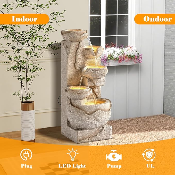 Outdoor 5 Tiers Cascading Water Fountain, 24" H Large Resin Garden Fountain with 5 LED Lights and Pump, Modern Patio Bowl Waterfalls Fountains for Indoor Decor and Porch, Yard, Deck, Beige