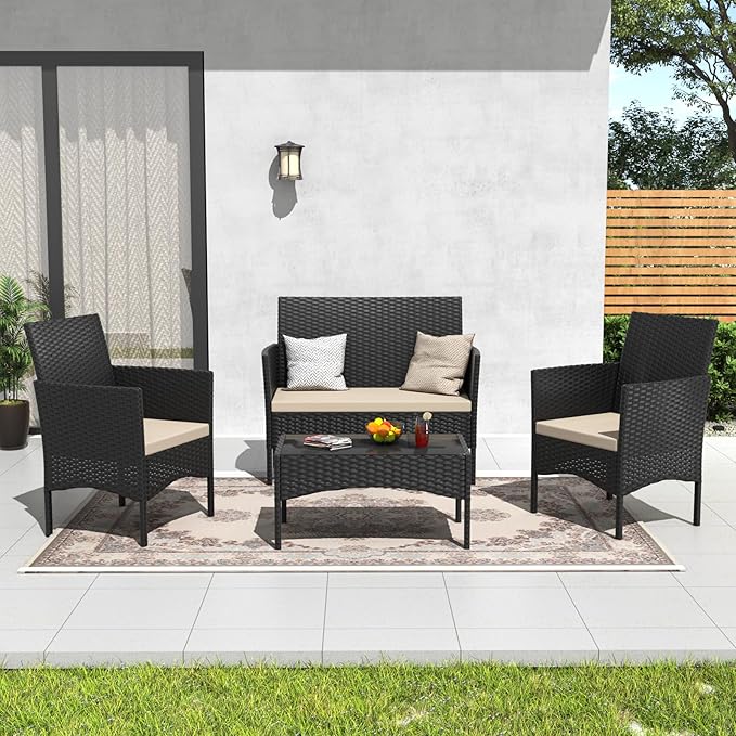 ALAULM 4 Pieces Patio Furnitrue Set Outdoor Patio Conversation Set Wicker Chairs w/Soft Cushions and Glass Coffee Table for Lawn, Backyard, Porch, Poolside-Brown