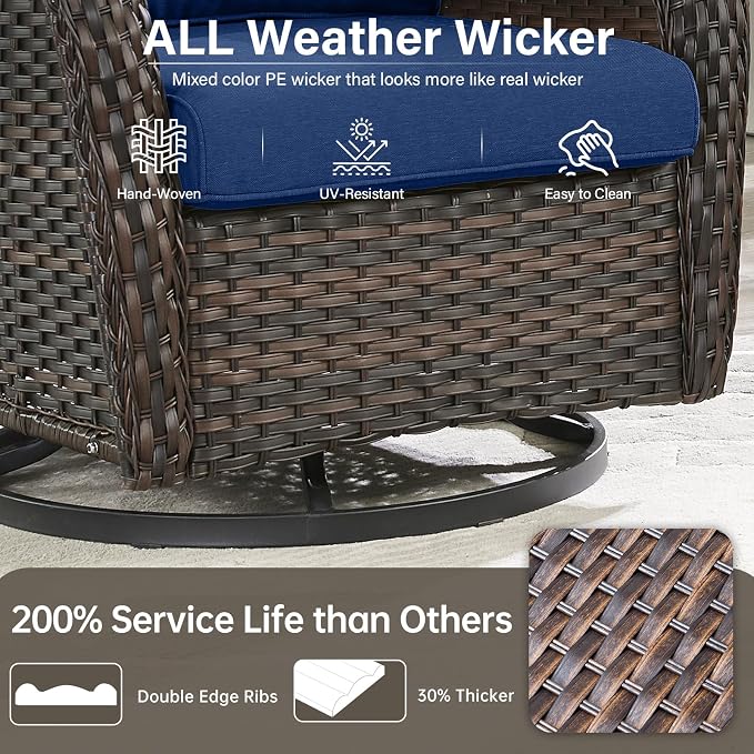 Outdoor Swivel Rocker Patio Chairs Set of 4 with Fire Table - 5" Thick Cushion 6 Piece Furniture Set with Fire Pit Table All Weather Wicker Conversation Set for Porch Deck - Brown/Blue
