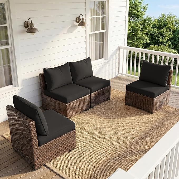 4 Pieces Patio Furniture Set, Outdoor PE Rattan Sectional Sofa with Soft Cushions for Backyard, Porch, and Poolside (Black, 4 PCS)