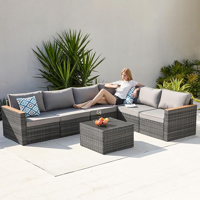 7 Pieces Patio Furniture Set Metal Outdoor Conversation Set with Table & Thick Cushions Sectional Sofa Seating Set for Backyard Porch Poolside Garden