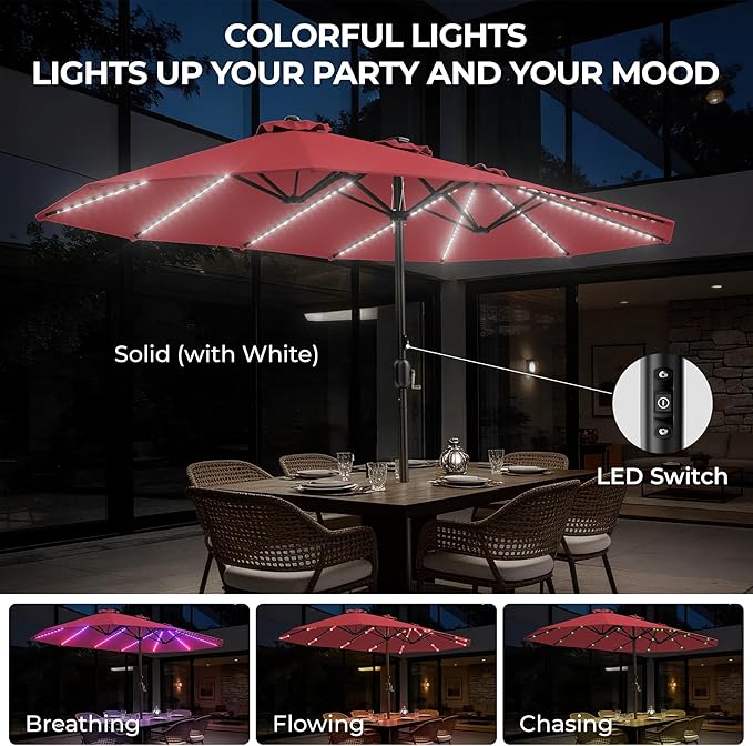 HOMSHADE Double Sided Patio Umbrellas with Base - 15ft RGB Multi-Color Flowing LED Lights Outdoor Extra Large Market Table Umbrella w/Stand, Oversized Umbrella for Deck, Pool, Backyard,Red