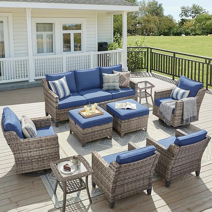 9 Piece Outdoor Patio Furniture Set-All Weather Outdoor Conversation Sets Sectional Sofa with Wicker Swivel Rocker Patio Chairs, Comfy Cushions Ottomans for Porch Balcony Patio Deck Grey/Blue