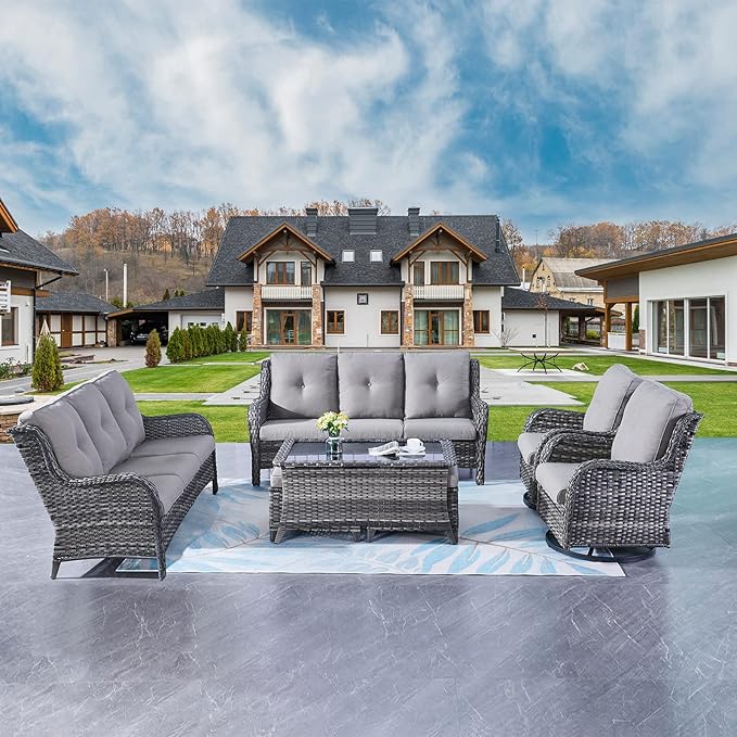 Rilyson Wicker Patio Furniture Set - 7 PC Rattan Outdoor Sectional Conversation Sets with 2 Rocking Swivel Chairs,2 Ottomans,2 Sofa and 1 Coffee Table for Porch Deck Garden(Mixed Grey/Grey)