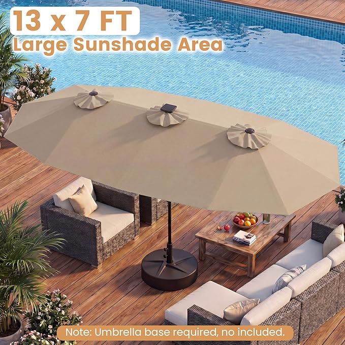Tangkula 13 Ft Solar Patio Umbrella, Double-Sided Extra Large Outdoor Market Table Umbrella with Multi-Colored Flowing LED Lights, Crank Handle, 12 Sturdy Ribs for Poolside, Garden & Backyard (Tan)