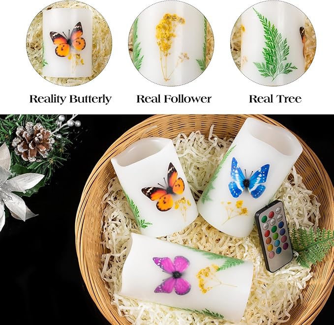 Candles Set of 3 Flameless 4" 5" 6" Unscented Tealight Butterfly Flower Plants Decor Real Wax Pillar Candle LED Lights 12 Color Changing 4H 8H Timer Remote Control AAA Batteries Operated