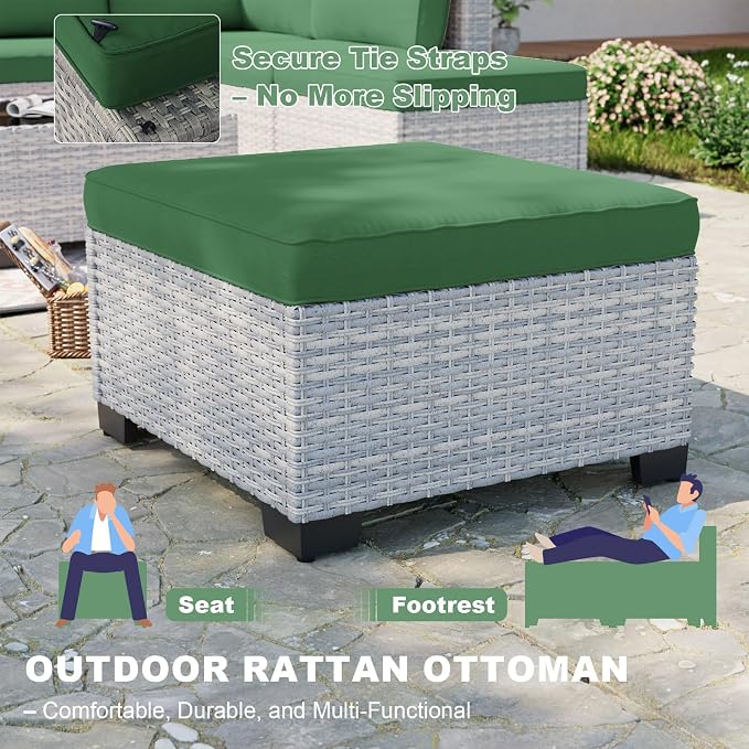 13-Piece Patio Furniture Set, Outdoor Patio Furniture with Swivel Chairs Set, Ottomans, 55,000 BTU Fire Pit Table, Modular Patio Sofa, Dual-Strand Wicker Rattan, Rust-Resistant Frame, Dark Green