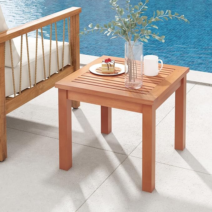 Tangkula 2 Pieces Adirondack Outdoor Side Table, 18" Small Square Patio End Table with Slatted Tabletop, Natural Eucalyptus Wood Side Table for Backyard, Garden, Porch & Poolside