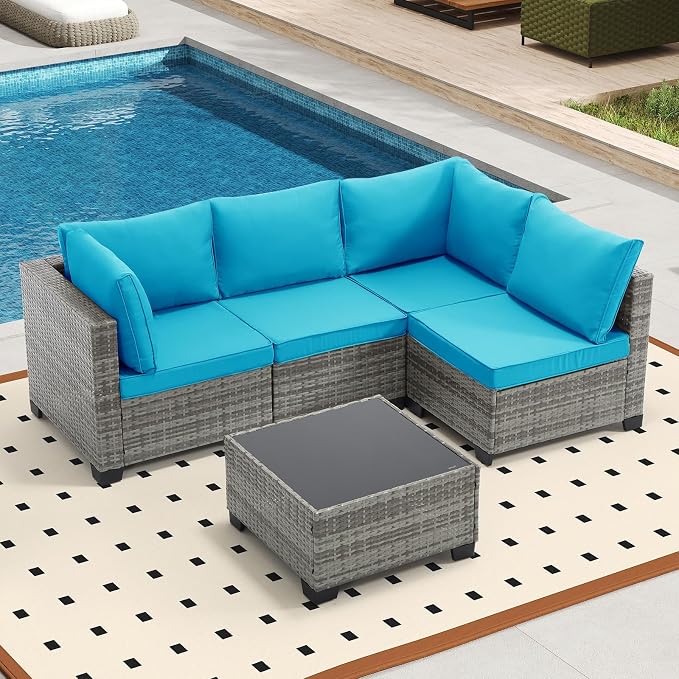 Bonzy Home 5 Pieces Outdoor Patio Furniture Set, PE Rattan Outdoor Sectional Furniture Sofa Set with Removable Cover and Glass Coffee Table, Patio Sofa for Balcony, Porch, Garden, (Grey-Turk Blue)