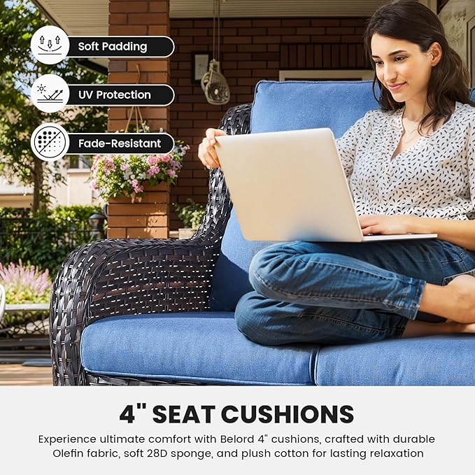 Belord Wicker Furniture 4 Pieces Outdoor Patio Furniture Set Patio Loveseat Sofa Set with Wicker Chairs and Coffee Table, Paito Conversation Set for Porch Garden Deck Balcony Poolside