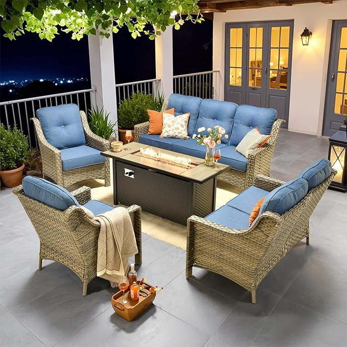 Outdoor Patio Furniture Sets, 5 PCS Patio Conversation Set Outside Rattan Sofa with 54 in Fire Pit Table Comfy Cushions Fit Backyard Porch Garden Poolside Balcony,Diamond Blue