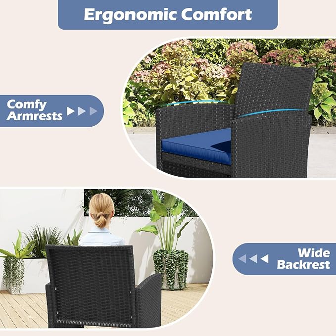 RELAX4LIFE 8-Piece Patio Furniture Set - Wicker Rattan Outdoor Sectional Sofa Set w/Glass Coffee Table, Loveseat, Chairs & Soft Cushions, Bistro Conversation for Garden Porch (2, Black-Navy)