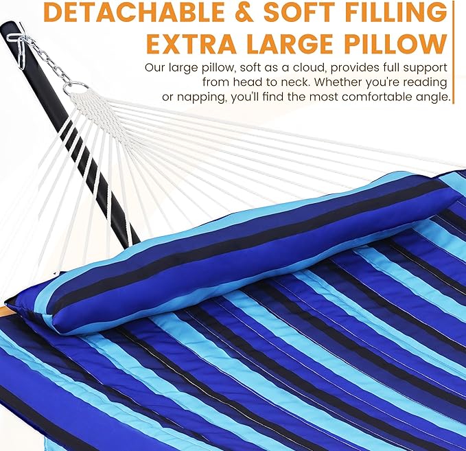 Lazy Daze Hammocks Rope Hammock with Pad, Spreader Bar, Carabiners, Tree Straps, Chains for Outside Patio- Max 450 Lbs, Navy Blue Stripes
