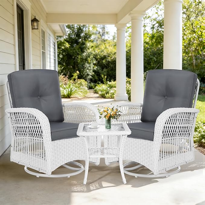 VIVIJASON 3 Piece Patio Wicker Swivel Rocker Bistro Set, Outdoor Swivel Rocking Chairs Set of 2 with Glass-Top Side Table, Patio Rattan Furniture Set for Deck Porch Backyard, White/Grey
