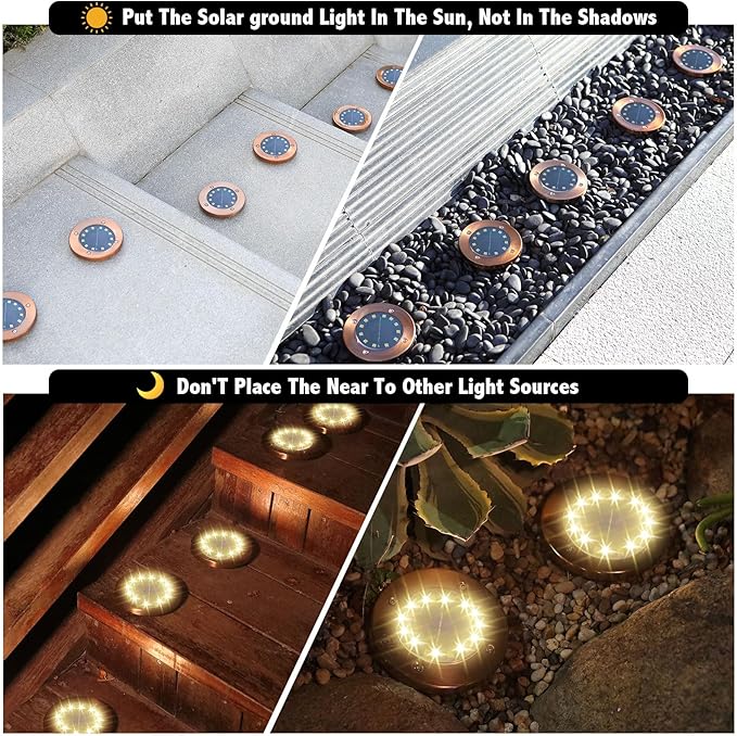 JKIMK Solar Ground Lights Outdoor Waterproof Flat Garden Solar Disk Lights Floor 12 LED 8 Pack for Garden Patio Pathway Landscape Driveway Yard Path Decor