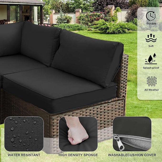 Grezone Patio Furniture Set,7 Piece Patio Furniture Set with Fire Pit Table,PE Wicker Rattan Sectional Sofa Patio Conversation Set with Thickened Cushions, Black