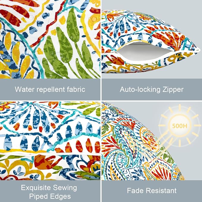 LVTXIII Outdoor Throw Pillow Covers Set of 2, Patio Waterproof Pillow Cases Fade Resistant Accent Pillow Covers for Home and Garden Furniture Decoration, 16x16, Paisley Multi