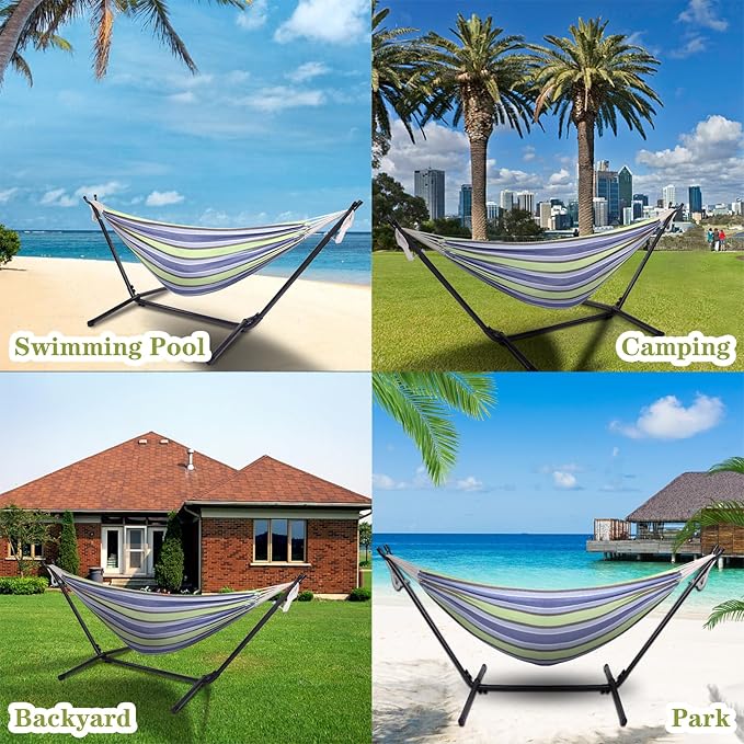 Hammock with Stand, Heavy Duty Hammock with Carrying Bag, Polyester Outdoor Hammocks for Outside Backyard, Camping, Garden, Yard, Patio, 250 lbs Weight Capacity (Green Stripes)