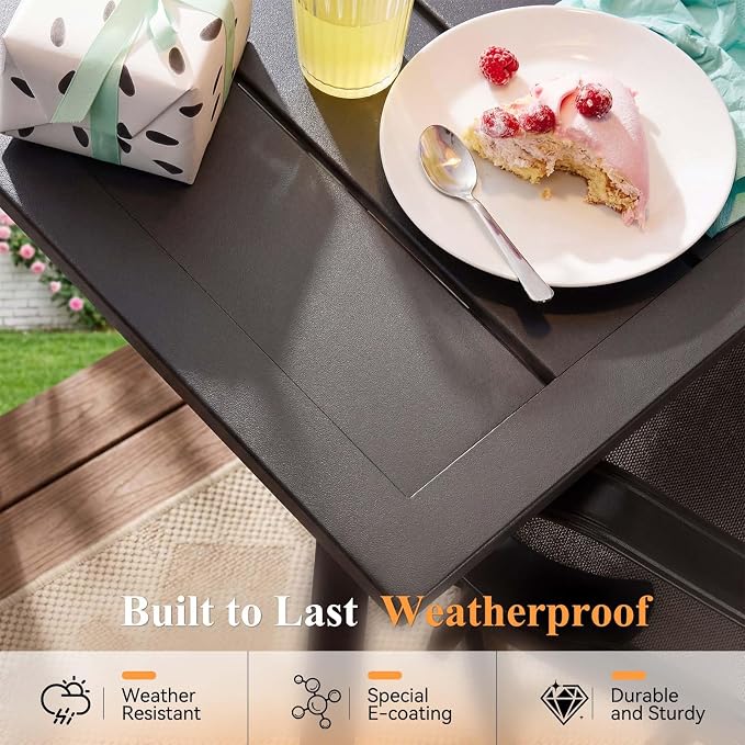 Rectangle Patio Dining Table, 8-Person Metal Outdoor Patio Table with Adjustable Umbrella Hole, Weather-Resistant for Garden Backyard Porch, Dark Brown