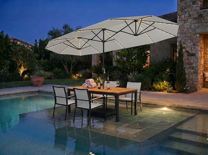 PURPLE LEAF 13ft Patio Market Umbrella with Solar LED and Base Double-Sided Rectangle Outdoor Table Sun Umbrellas with Crank for Pool Beach Deck Backyard Cream