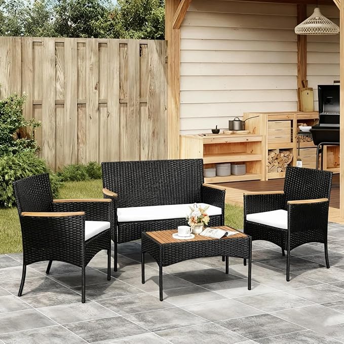 4-Piece Outdoor Patio Furniture Set, PE Wicker Conversation Kit with Wood-Look Armrests & Coffee Table, Weather-Resistant Seating for Porch, Balcony & Small Backyard, Beige Washable Cushions, Beige