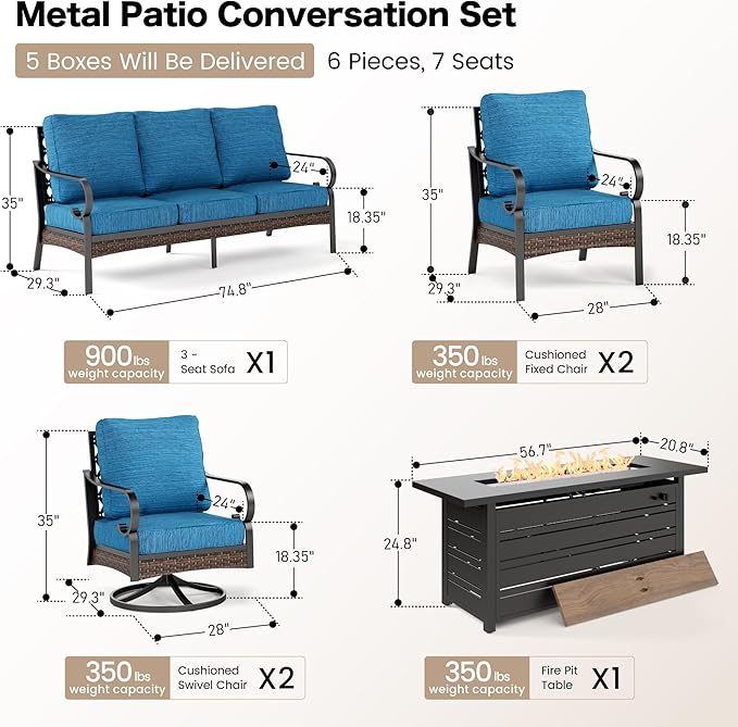6 Piece Black Metal Outdoor Patio Furniture Sets with Firepit Table, Patio Conversation Sets 1 3-Seater Sofa, 2 Leg Sofa and 2 Swivel Chair with 5.75" Cushion for Backyard Deck, Blue-2