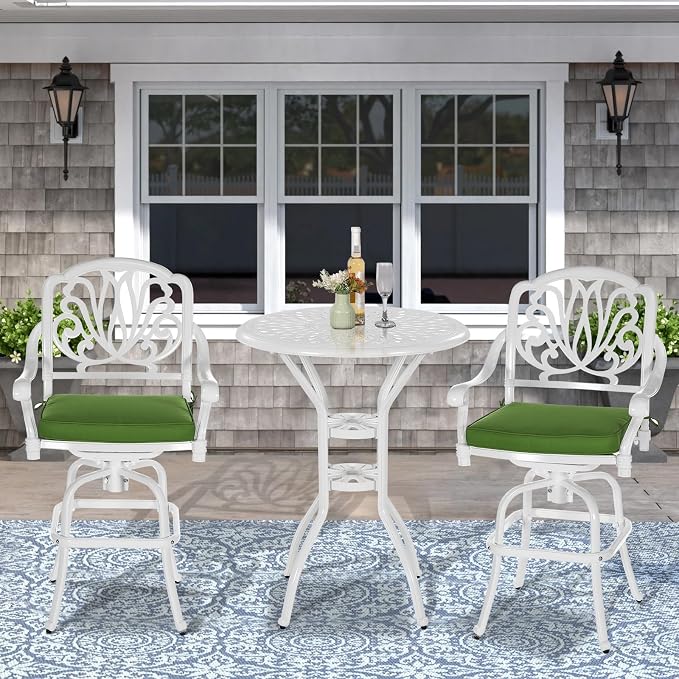 VIVIJASON 31" Patio Height Bar Table, All-Weather Cast Aluminum Bar Bistro Table Outdoor Patio Round Dining Table with Umbrella Hole for Balcony, Lawn, Garden, Backyard, White