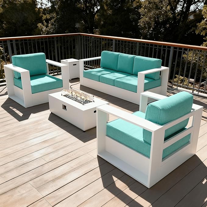 LayinSun Oversized Aluminum Outdoor Furniture Set, 4 Piece Patio Sofa Sets with Fire Pit Table, Deep Seating and Upgraded 6-inch Cushions for Porch, Balcony, Deck
