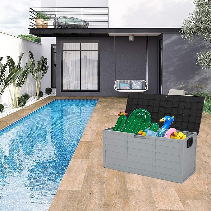 75 gal 260L Outdoor Garden Plastic Storage Deck Box Chest Tools Cushions Toys Lockable Seat 2-Wheel Outdoor Storage Box Patio Storage Black Grey 44x21.3x19.3 in