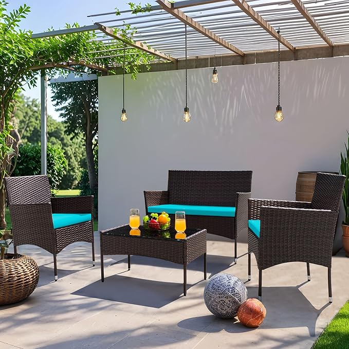 Greesum Patio Furniture 4 Pieces Conversation Sets Outdoor Wicker Rattan Chairs Garden Backyard Balcony Porch Poolside loveseat with Cushion and Glass Table, Brown and Blue