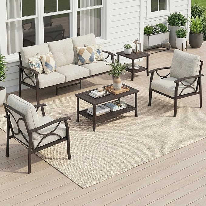 RoyalCraft 5-Pieces Outdoor Patio Furniture Set, Outdoor Metal Sectional Furniture with Cushions, Outdoor Conversation Seating Set with Coffee Table for Balcony, Backyard, Garden, Deck, Beige