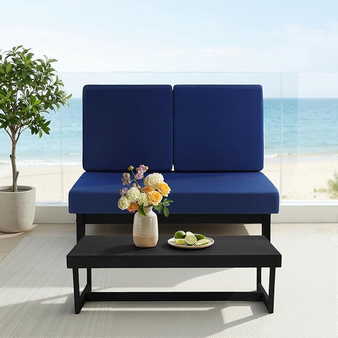 UIXE 2 Pieces All Weather Wood Patio Furniture Sets, Patio Loveseat Outdoor Sofa with Solid Wooden Coffee Table, Black Teak - Navy Blue