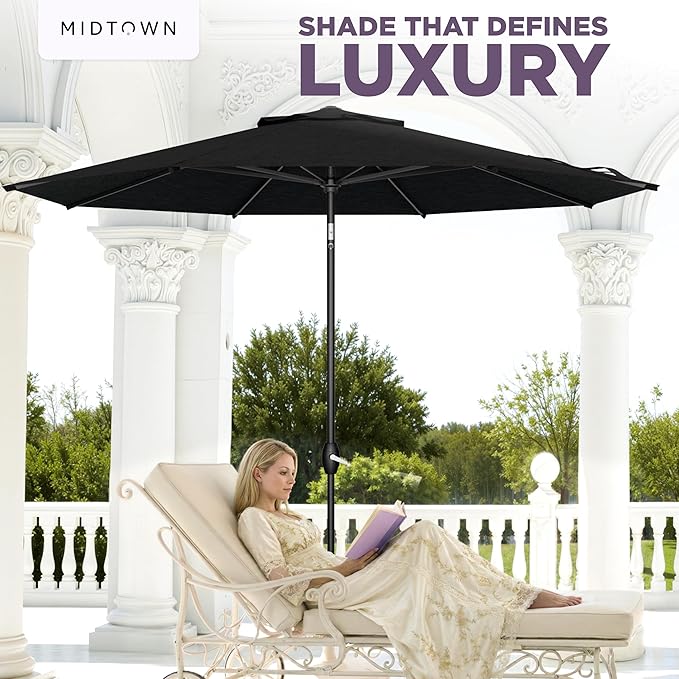 Midtown Umbrellas - The Lean 8 Ft Patio Umbrella with Fade-Resistant Sunbrella Fabric, Auto-Tilt Aluminum Frame and 8 Reinforced Ribs for Deck, Pool & Garden - Spectrum Carbon Canopy, Black Pole