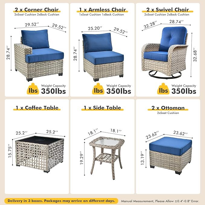 9 Pcs Outdoor Sectional Patio Furniture Set with Swivel Rocking Chair and Ottomans - All Weather Wicker Outside Sectional Couch,Patio Seating Outdoor Conversation Sets for Deck Yard Garden,Navy Blue