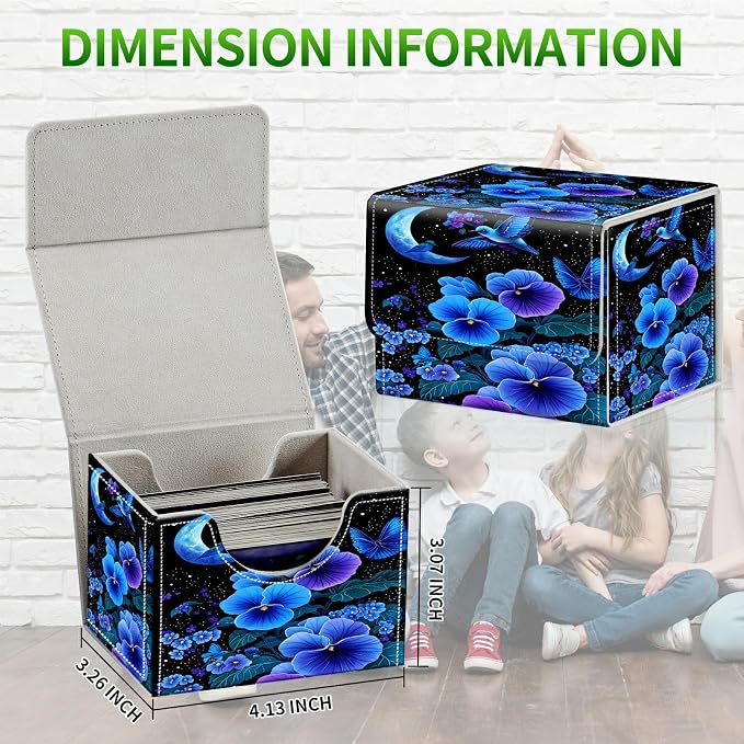 Card Deck Box for MTG, Cards Storage Box Fits 120+ Sleeved, Leather Small Size Strong Magnetic Closing Card Case for Board Games Magic TCG CCG Baseball Collection, Blue Flower Bird