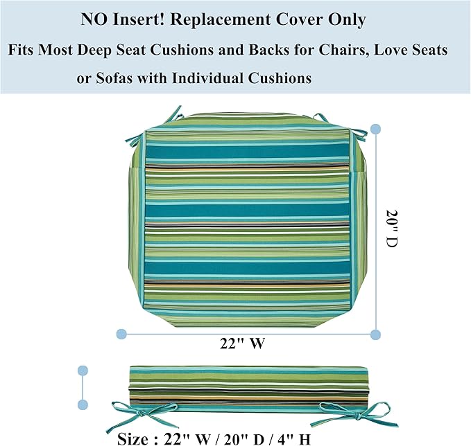 FUNHOME Patio Cushion Covers 22 x 20 x 4 Inch, No Insert! 2 Pack Water Repellent Outdoor Chair Seat Cushion Slip Covers with Zipper and Tie, Replacement Cover Only(Green Stripe)