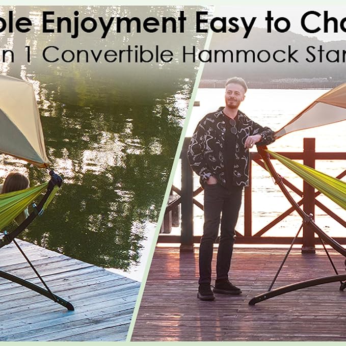 Portable Outdoor Hammock with Quick-Fold Stand and Adjustable Sunshade for Ultimate Relaxation in Gardens, Camping, and Beach Settings - Spacious Design with Storage Bag Included