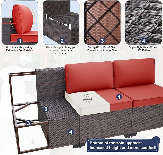 Patio Furniture Set 7PCS Outdoor Furniture for Backyard Sectional Sofa Set, Rattan Wicker Patio Conversation Set with 4 Inch Thickened Cushions and Glass Coffee Table, Red