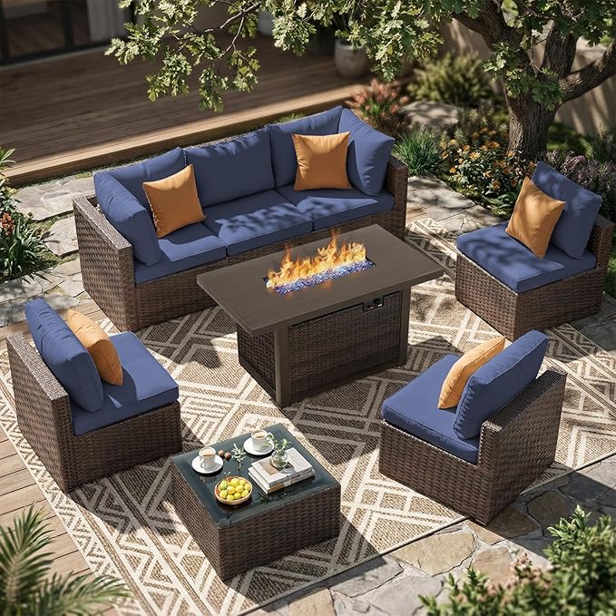 8 Pieces Patio Furniture Sets Outdoor Sectional Sofa with 44'' Propane Rattan Wicker Firepit Table, Patio Sectional Conversation Set with Cushions for Backyard, Poolside, Garden Blue