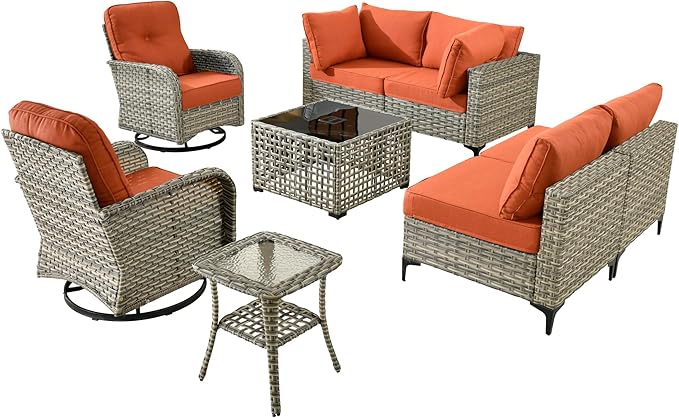 Outdoor Patio Furniture Sets, 8 PCS Patio Conversation Set Outside Rattan Sectional Sofa with Wicker Rocking Chairs Coffee Table Soft Cushion Fit Backyard Porch Garden Poolside Balcony