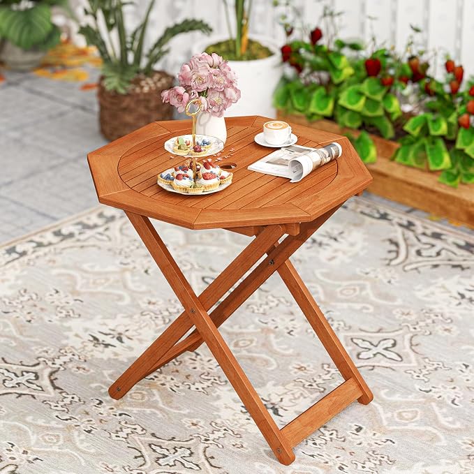 HAPPYGRILL Outdoor Patio Wood Dining Table for 4, Octagon Folding Bistro Table with 2" Umbrella Hole for Garden, Porch and Backyard, No Assembly Required (2)
