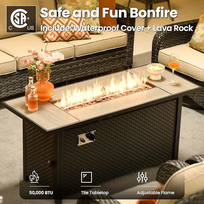 ovios 9 Pieces Patio Furniture Set, Outdoor Wicker Sofa Couch with Rocking Swivel Chairs Fire Pit Table, Modern Deep Seat Rattan Conversation Sets for Deck Porch, Beige