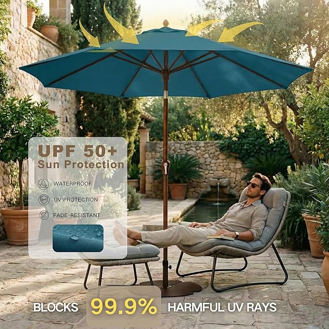 Kingdura 10FT Outdoor Patio Umbrella, Market Table Umbrella with Push Button Tilt and Crank, 8 Sturdy Fiberglass Ribs, UV Protection for Pool, Lawn, Deck, Backyard, Garden (Lake blue)