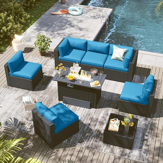 LazySunsets 8 Piece Outdoor Patio Furniture Set with 44'' Fire Pit Table, Outdoor Patio Furniture Set with Thicken Cushion, Wicker Rattan Outdoor Conversation Set for Backyard & Garden, Peacock Blue