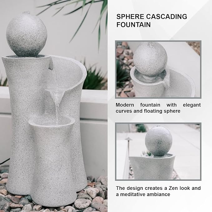 XBrand Cascading Sphere Floor Zen Water Fountain, Indoor Outdoor Décor, 36 Inch Tall, Natural Grey