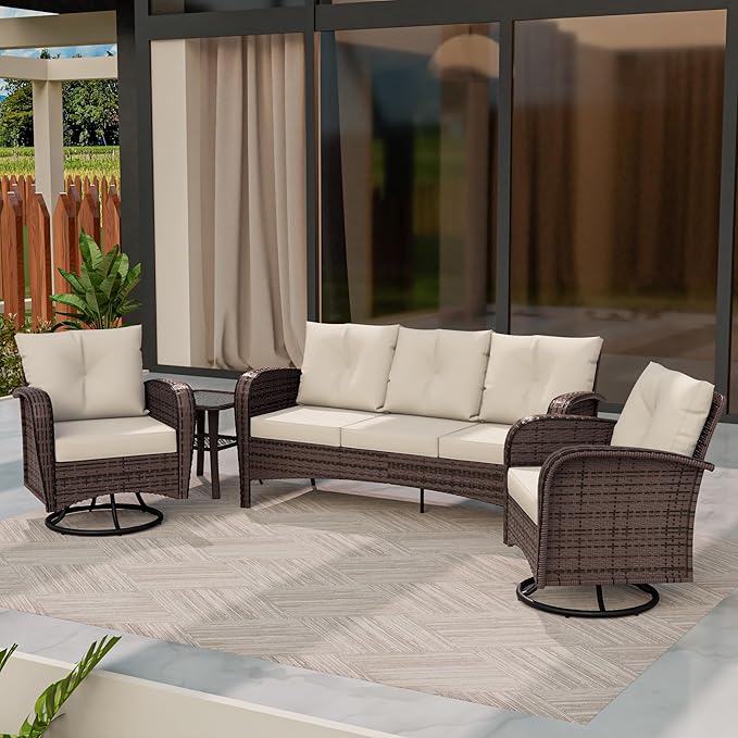 4 Piece Patio Conversation Set - 2 Swivel Chairs 1 Coffee Table 3-Seater Sofa, PE Wicker & Steel Patio Furniture with Heavy-Duty Steel Frame,Weatherproof Cushions, Beige