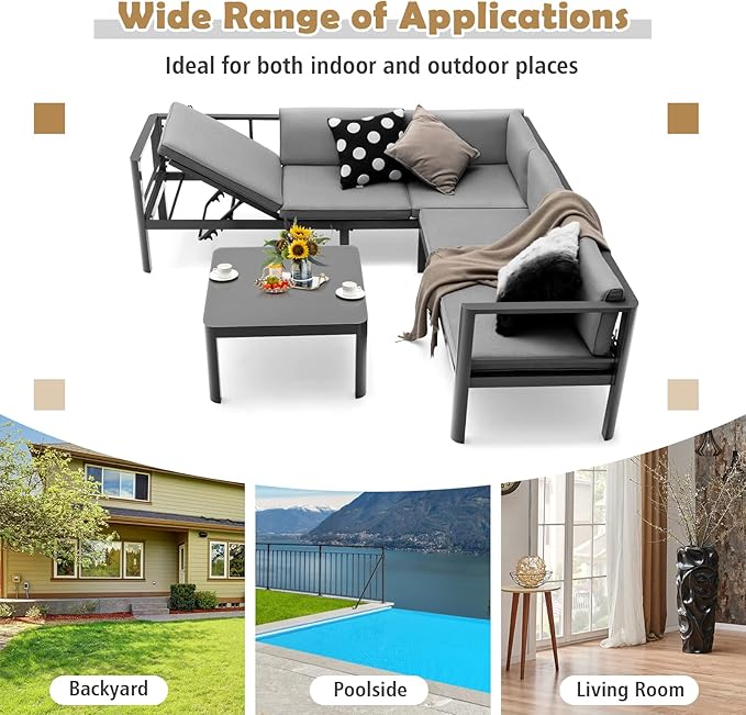 Tangkula 3 Piece Aluminum Patio Furniture Set, Patiojoy Outdoor Sectional Sofa Set with 6-Level Reclining Backrest, Tempered Glass Tabletop, Seat & Back Cushions for Backyard, Poolside (Grey)