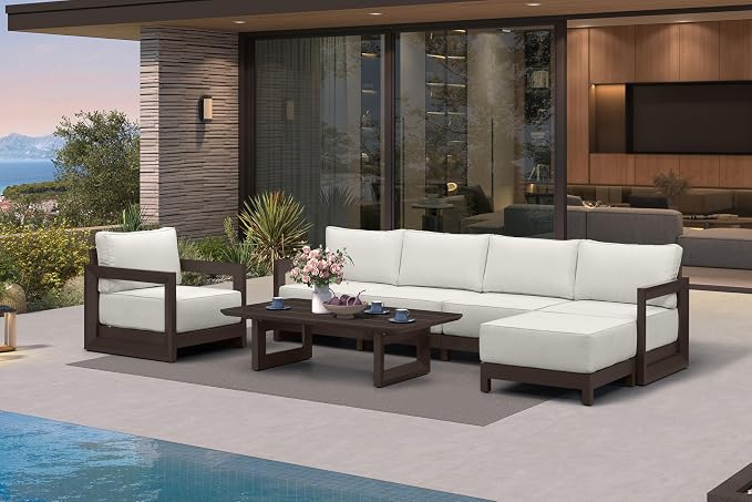 PURPLE LEAF Patio Furniture Set Open-End Outdoor Couch with 9.6" Thick Cushion and Soft Pillows 7 Piece Outdoor Sectional Sofas with Ottoman Modern Patio Conversation Sets for Yard Porch Deck, Bronze