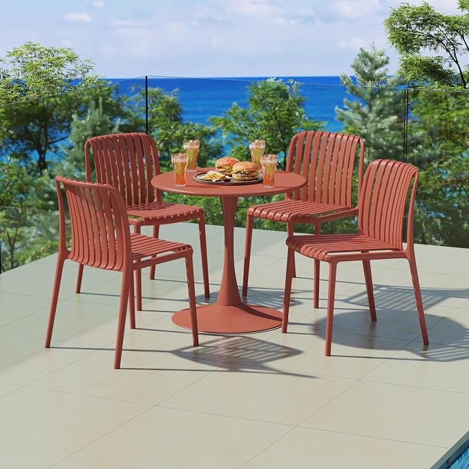 Costaelm Round Outdoor Dining Table, Patio Side Table, Weather Resistant PP Backyard Table for Poolside Deck Porch Lawn Garden, Red